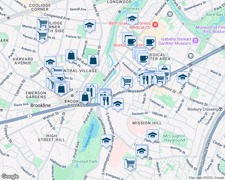 map of restaurants, bars, coffee shops, grocery stores, and more near 852 Huntington Avenue in Boston