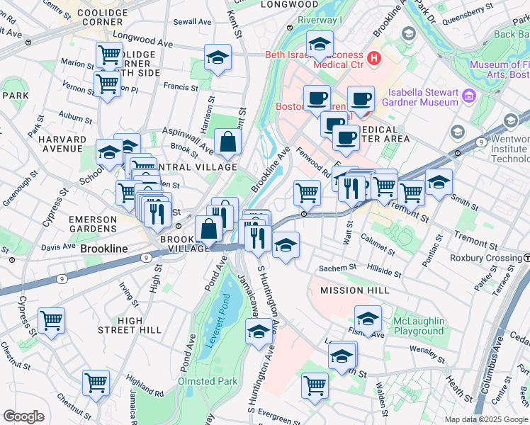 map of restaurants, bars, coffee shops, grocery stores, and more near 382 Riverway in Boston
