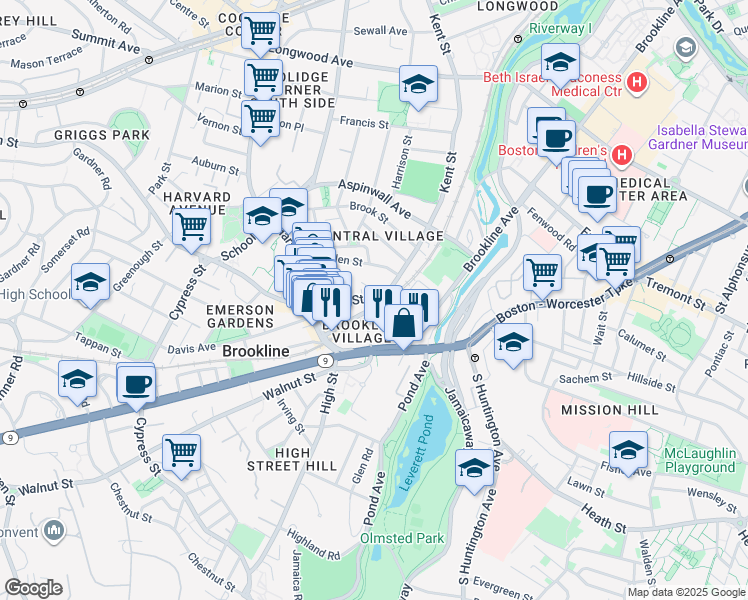 map of restaurants, bars, coffee shops, grocery stores, and more near in Brookline