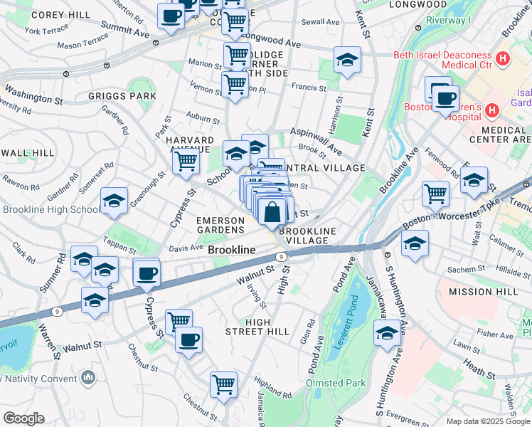 map of restaurants, bars, coffee shops, grocery stores, and more near 284 Washington Street in Brookline