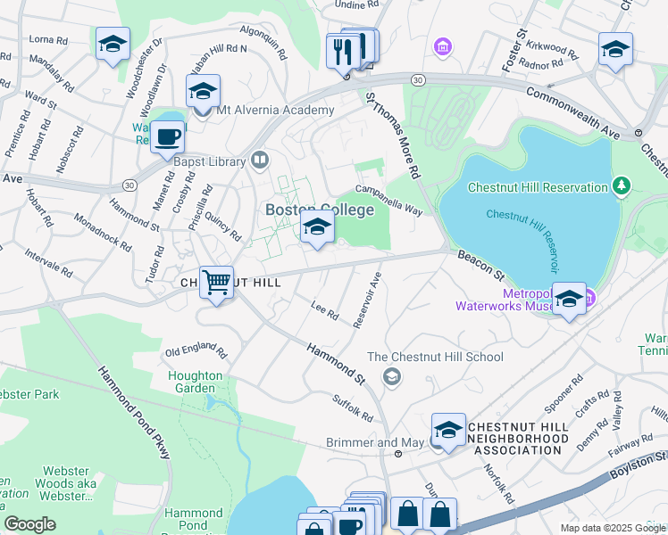 map of restaurants, bars, coffee shops, grocery stores, and more near 15 Acacia Avenue in Newton