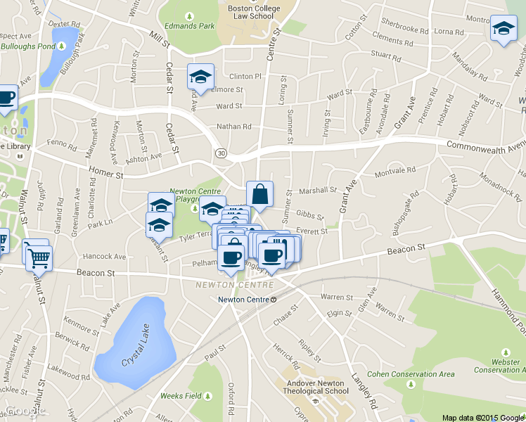 map of restaurants, bars, coffee shops, grocery stores, and more near 14 Willow Street in Newton