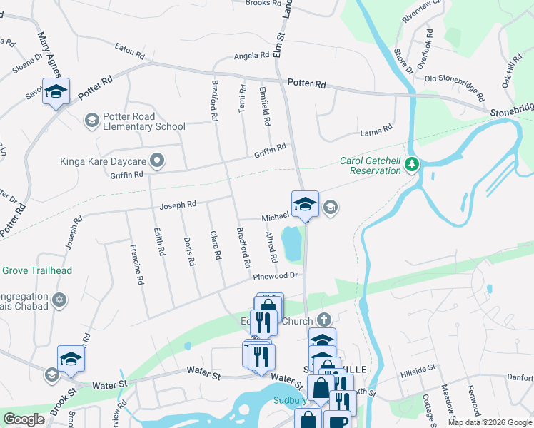 map of restaurants, bars, coffee shops, grocery stores, and more near 12 Michael Road in Framingham
