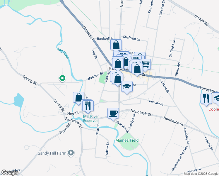 map of restaurants, bars, coffee shops, grocery stores, and more near 24 West Center Street in Northampton
