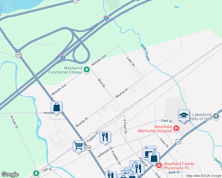 map of restaurants, bars, coffee shops, grocery stores, and more near 9 Bird Street in Westfield