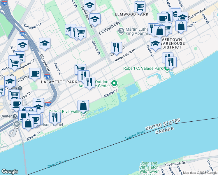 map of restaurants, bars, coffee shops, grocery stores, and more near 1561 Atwater Street in Detroit