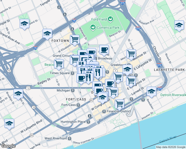 map of restaurants, bars, coffee shops, grocery stores, and more near in Detroit