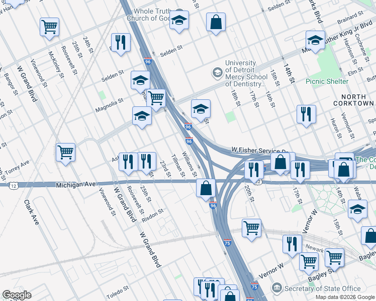 map of restaurants, bars, coffee shops, grocery stores, and more near 3005 Williams Street in Detroit