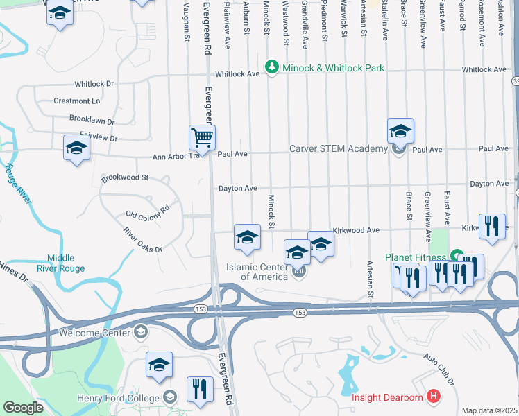 map of restaurants, bars, coffee shops, grocery stores, and more near 6036 Auburn Street in Detroit