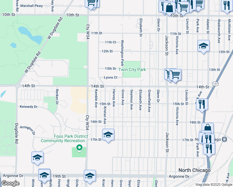 map of restaurants, bars, coffee shops, grocery stores, and more near 1435 Hervey Avenue in North Chicago