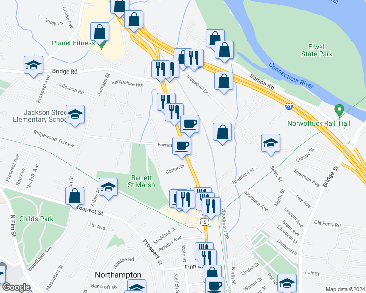 map of restaurants, bars, coffee shops, grocery stores, and more near King Street & Barrett Street in Northampton