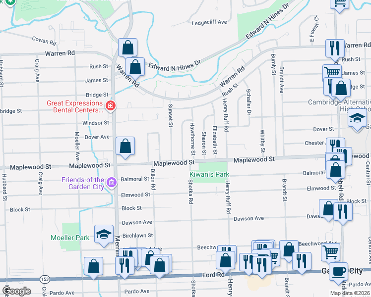 map of restaurants, bars, coffee shops, grocery stores, and more near 6418 Golfview Drive in Garden City