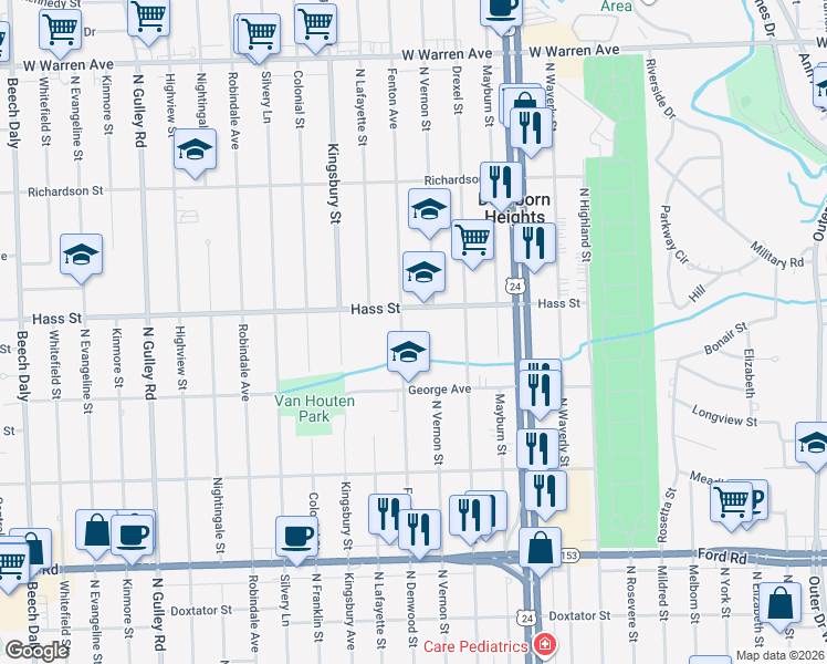 map of restaurants, bars, coffee shops, grocery stores, and more near 24425 Hass Street in Dearborn Heights