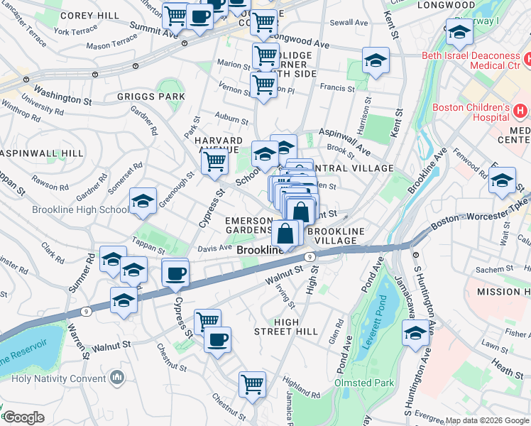 map of restaurants, bars, coffee shops, grocery stores, and more near 12 Thayer Street in Brookline