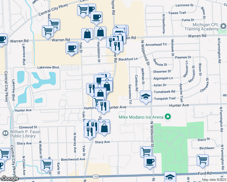 map of restaurants, bars, coffee shops, grocery stores, and more near 6570 North Wayne Road in Westland