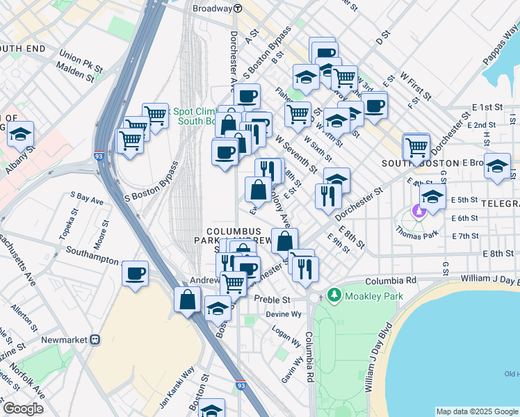 map of restaurants, bars, coffee shops, grocery stores, and more near 38-48 Damrell Street in Boston