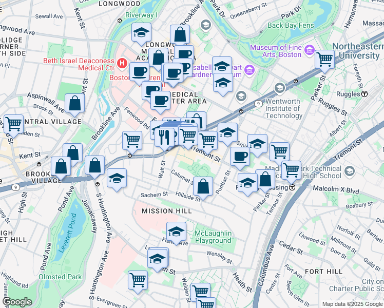 map of restaurants, bars, coffee shops, grocery stores, and more near 25 Calumet Street in Boston