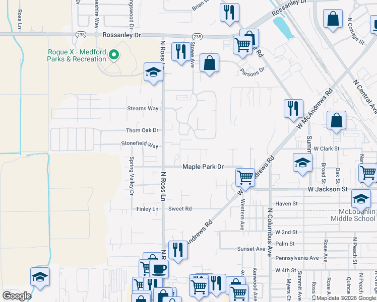 map of restaurants, bars, coffee shops, grocery stores, and more near 751 Silky Oaks Lane in Medford