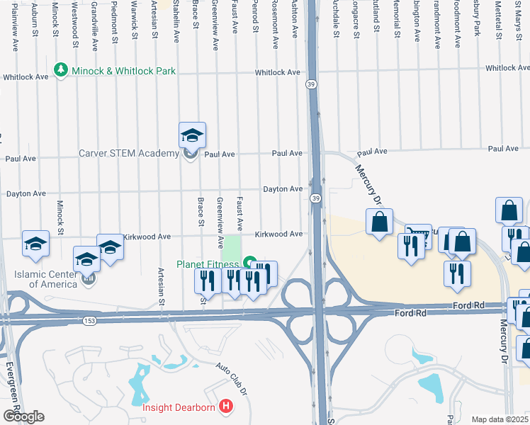 map of restaurants, bars, coffee shops, grocery stores, and more near 6064 Penrod Street in Detroit