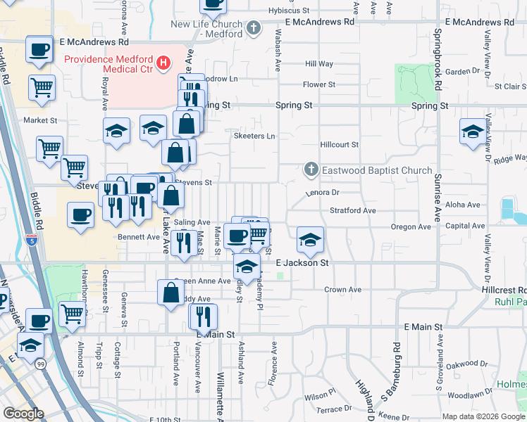 map of restaurants, bars, coffee shops, grocery stores, and more near 502 Pearl Street in Medford