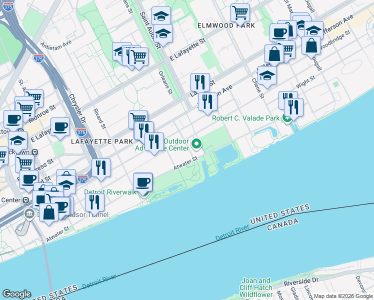 map of restaurants, bars, coffee shops, grocery stores, and more near 1561 Atwater Street in Detroit