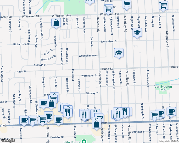 map of restaurants, bars, coffee shops, grocery stores, and more near 25860 Warrington Street in Dearborn Heights