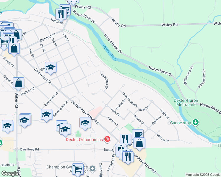 map of restaurants, bars, coffee shops, grocery stores, and more near 7409 Lake Street in Dexter