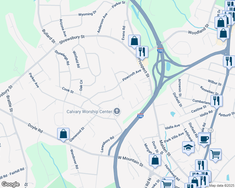 map of restaurants, bars, coffee shops, grocery stores, and more near 28 Larkspur Road in Holden