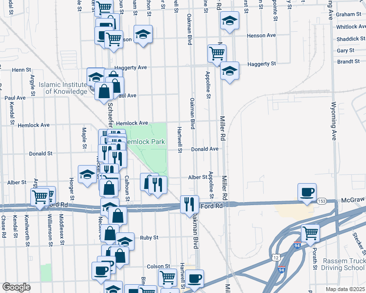 map of restaurants, bars, coffee shops, grocery stores, and more near 6010 Hartwell Street in Dearborn
