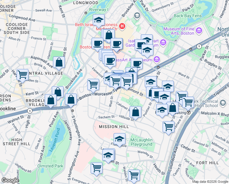 map of restaurants, bars, coffee shops, grocery stores, and more near in Boston