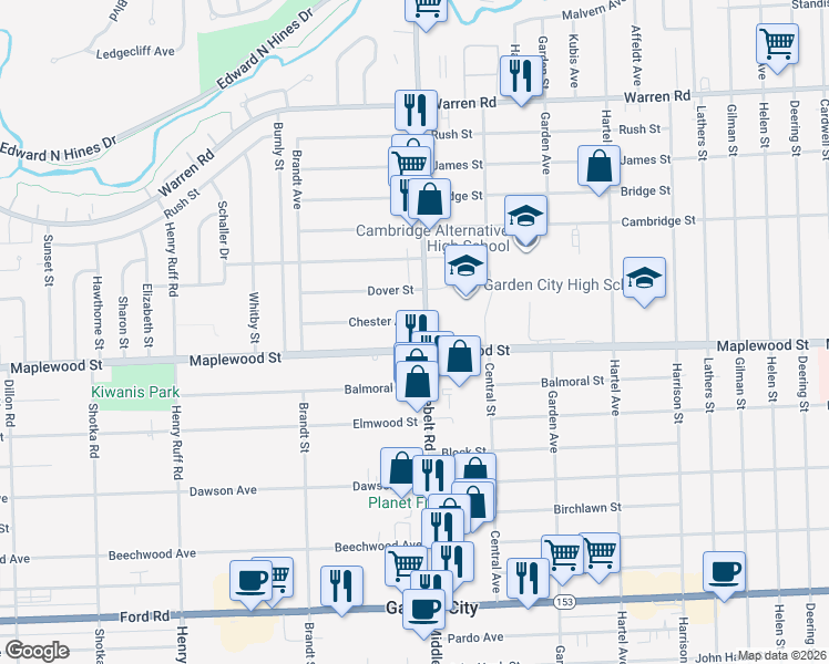 map of restaurants, bars, coffee shops, grocery stores, and more near in Garden City