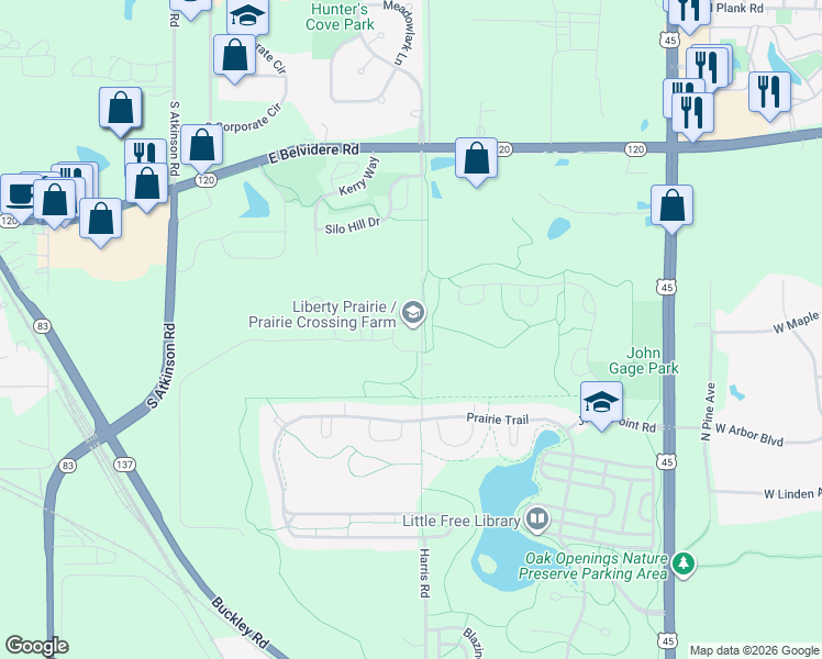 map of restaurants, bars, coffee shops, grocery stores, and more near 32400 Harris Road in Grayslake