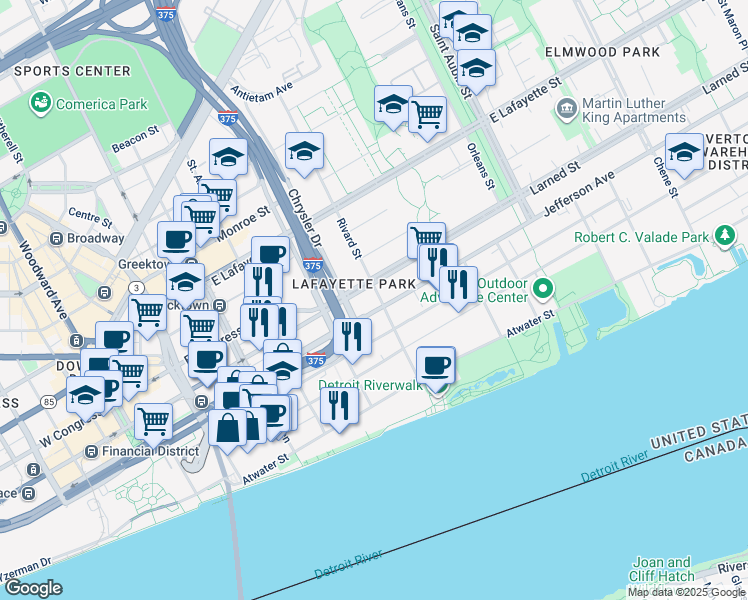 map of restaurants, bars, coffee shops, grocery stores, and more near 1300 East Jefferson Avenue in Detroit
