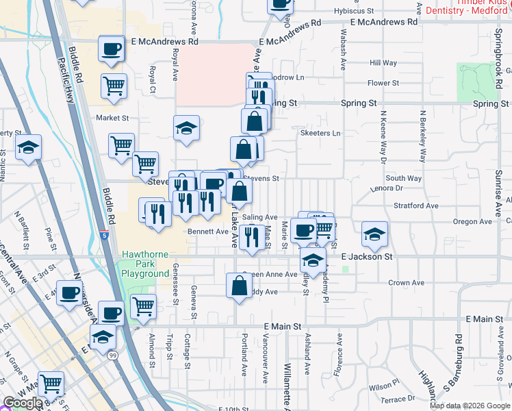 map of restaurants, bars, coffee shops, grocery stores, and more near 503 Mae Street in Medford
