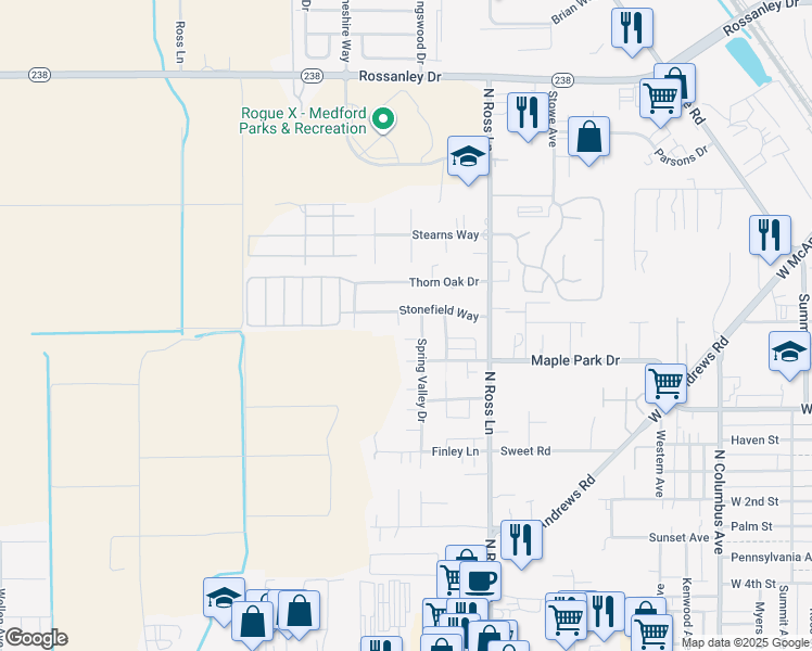 map of restaurants, bars, coffee shops, grocery stores, and more near 747 Spring Valley Drive in Medford