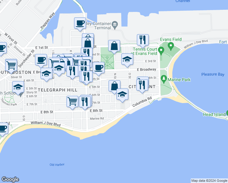 map of restaurants, bars, coffee shops, grocery stores, and more near 741 East 6th Street in Boston