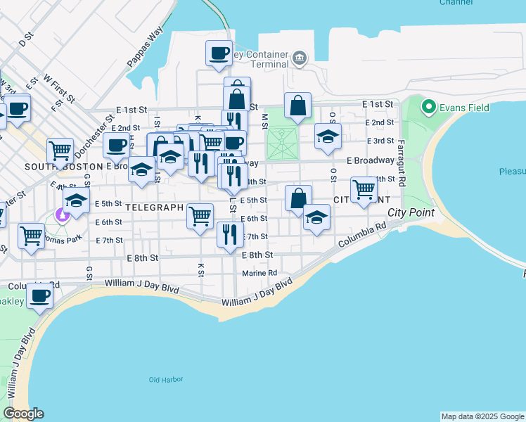 map of restaurants, bars, coffee shops, grocery stores, and more near 661 East 6th Street in Boston
