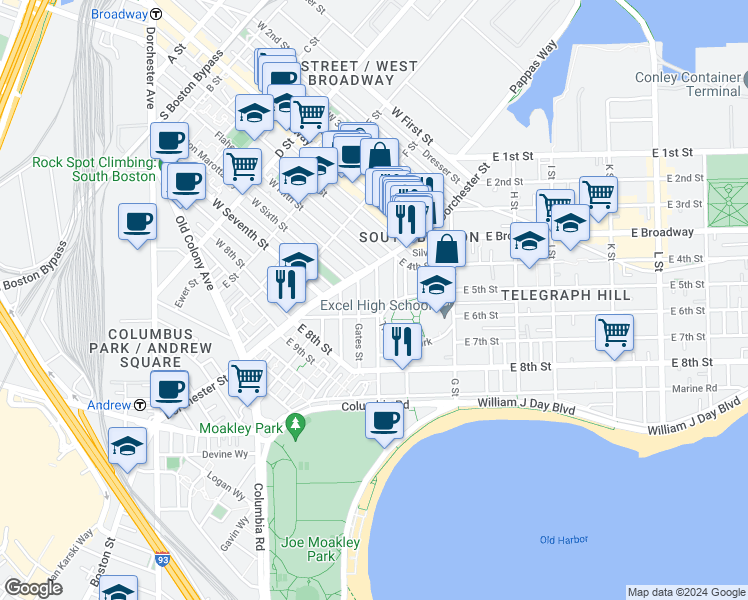 map of restaurants, bars, coffee shops, grocery stores, and more near 53 Old Harbor Street in Boston