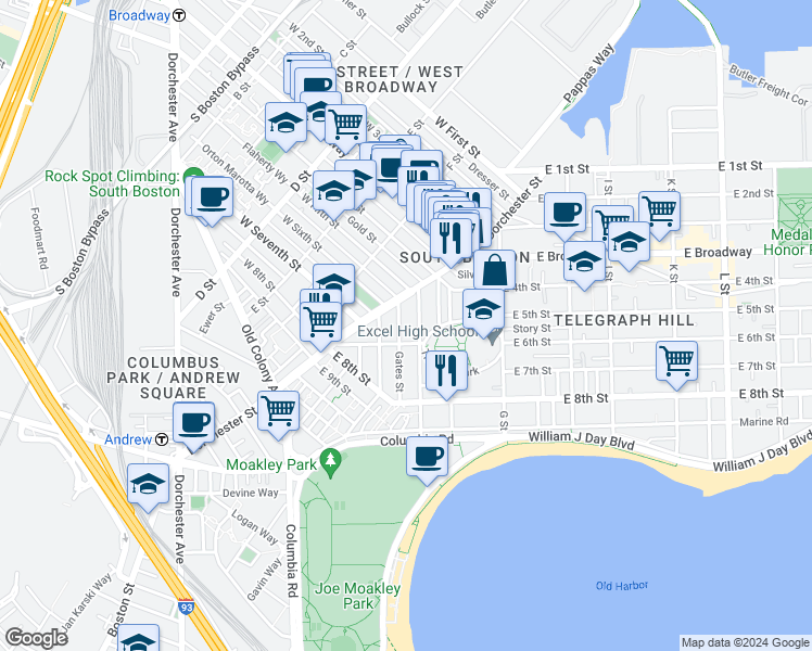 map of restaurants, bars, coffee shops, grocery stores, and more near 53 Old Harbor Street in Boston