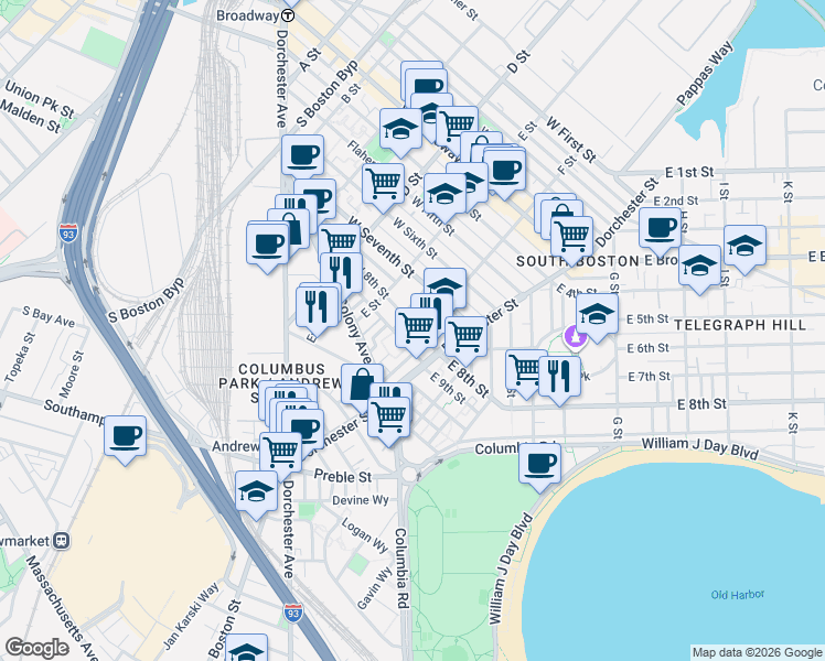 map of restaurants, bars, coffee shops, grocery stores, and more near 218 West 9th Street in Boston