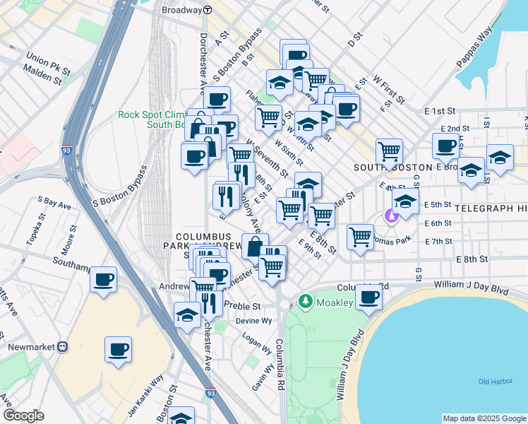 map of restaurants, bars, coffee shops, grocery stores, and more near 21 Lark Street in Boston