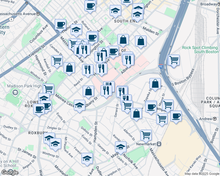 map of restaurants, bars, coffee shops, grocery stores, and more near 801 Massachusetts Avenue in Boston