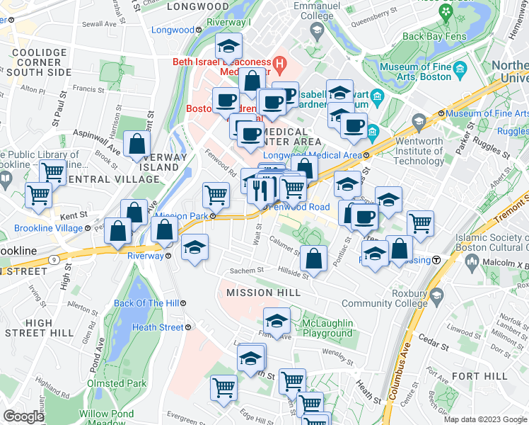 map of restaurants, bars, coffee shops, grocery stores, and more near in Boston