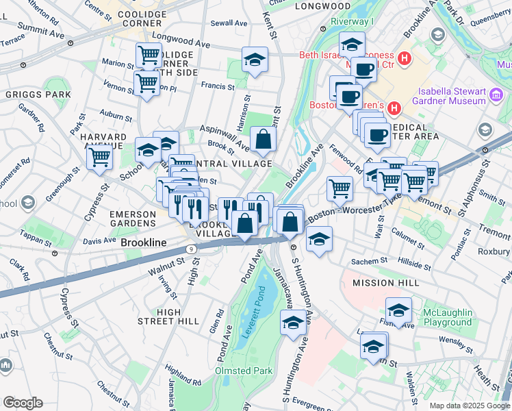 map of restaurants, bars, coffee shops, grocery stores, and more near 646 Brookline Avenue in Brookline