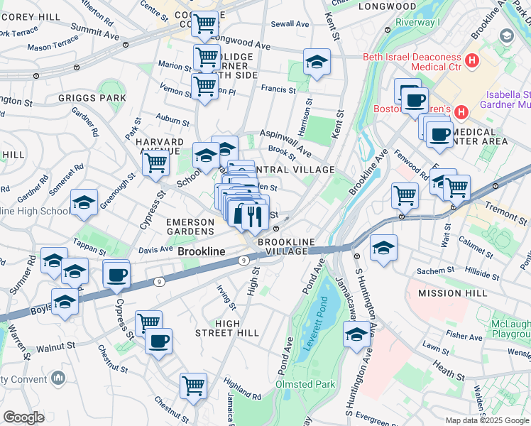 map of restaurants, bars, coffee shops, grocery stores, and more near 4 Station Street in Brookline