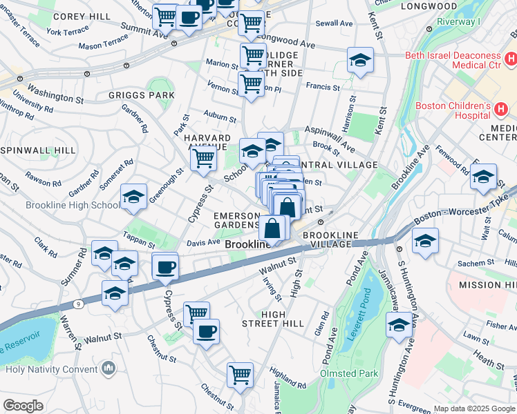 map of restaurants, bars, coffee shops, grocery stores, and more near 12 Thayer Street in Brookline