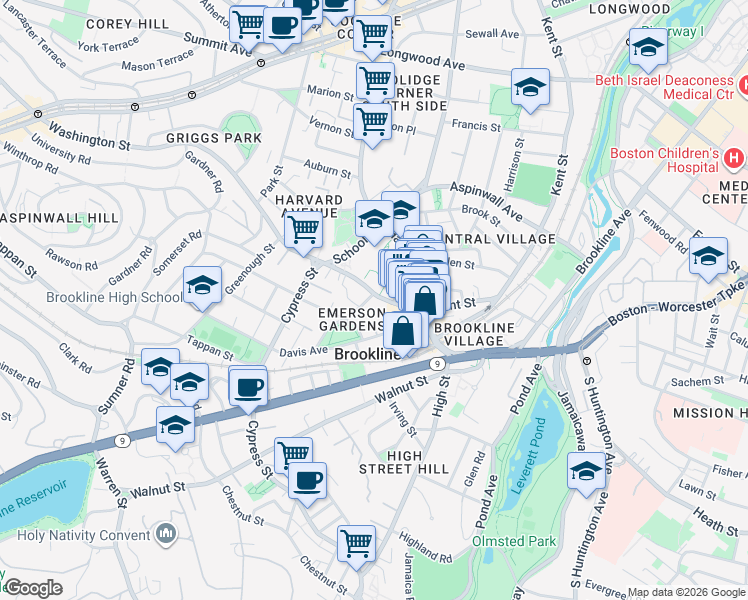 map of restaurants, bars, coffee shops, grocery stores, and more near 12 Thayer Street in Brookline