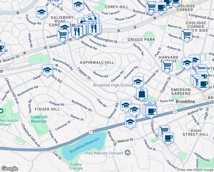 map of restaurants, bars, coffee shops, grocery stores, and more near 163 Tappan Street in Brookline