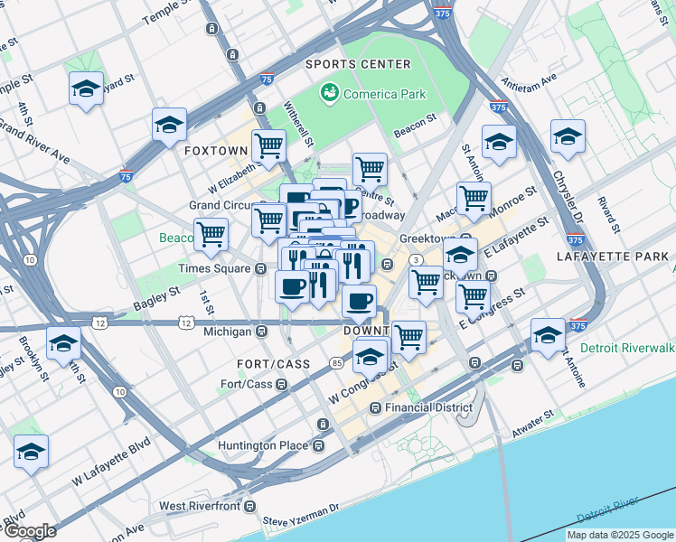 map of restaurants, bars, coffee shops, grocery stores, and more near in Detroit