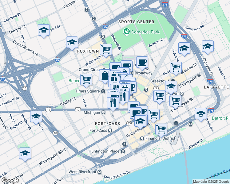 map of restaurants, bars, coffee shops, grocery stores, and more near 1119 Washington Boulevard in Detroit